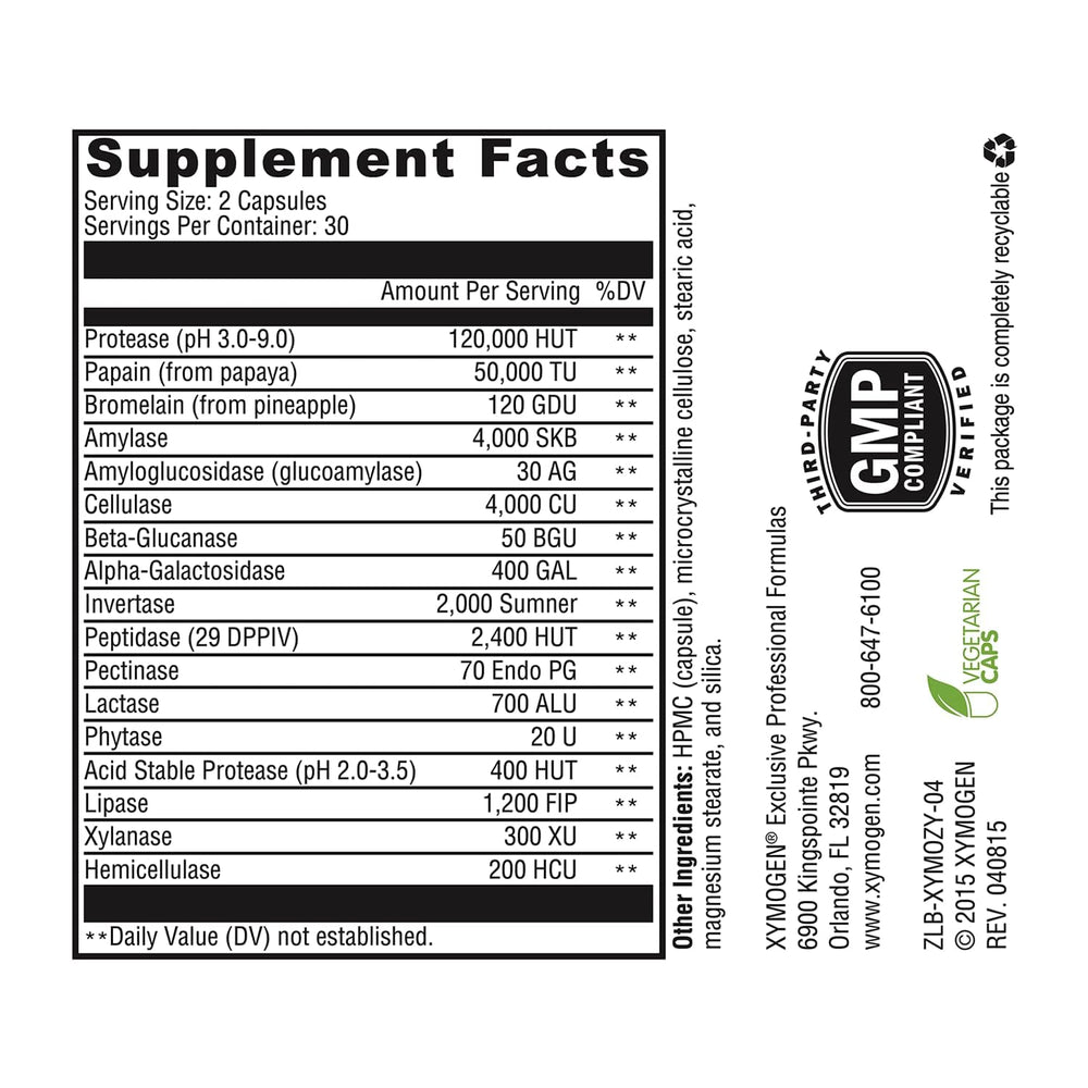 Back packaging of XYMOGEN XymoZyme with supplement facts