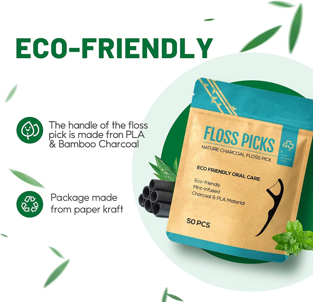 Charcoal bamboo dental floss picks in 200-count eco-friendly pack