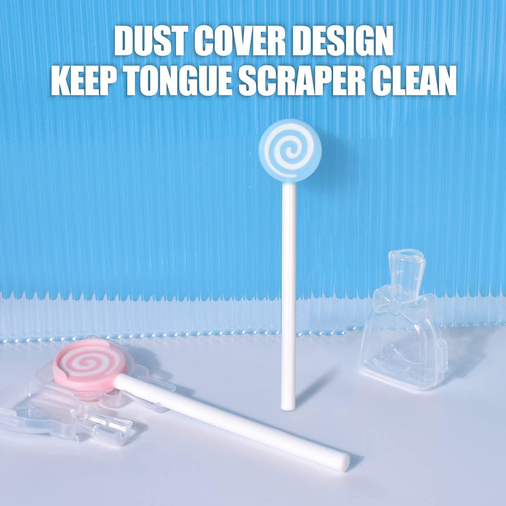 Pink tongue cleaner close-up with lollipop design
