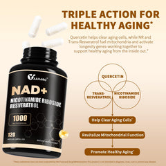 NAD+ supplement bottle showing Trans-Resveratrol and Quercetin