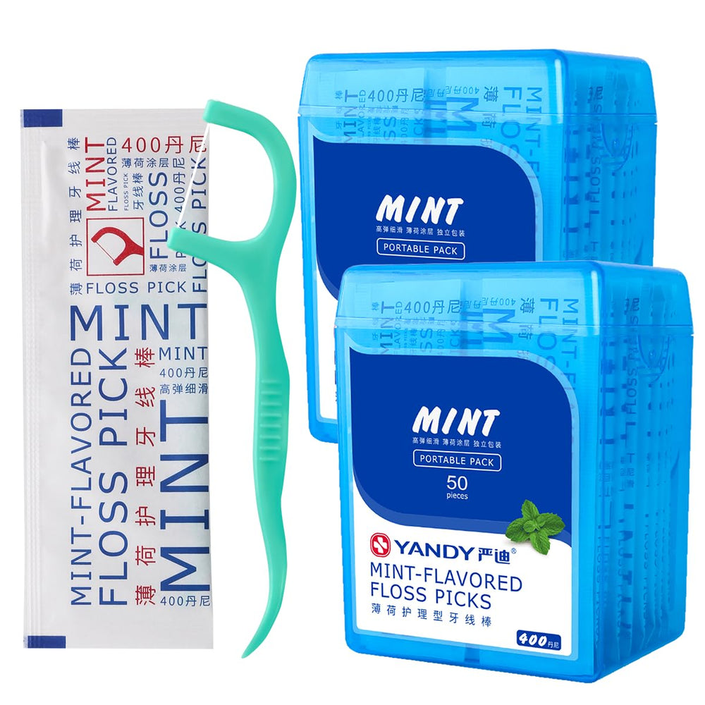 YANDY Mint Flossing Sticks packaging showing 100-count two-pack