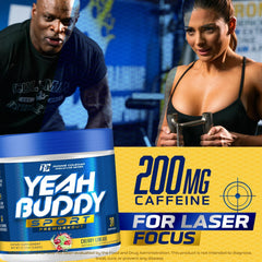 Jar opened showing Yeah Buddy Pre Workout powder with scoop
