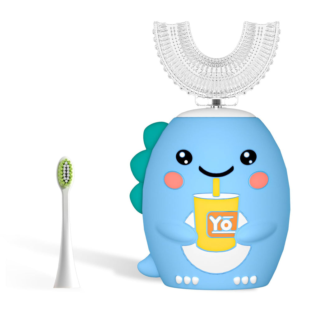 Yeklike Kids U-Shaped Electric Toothbrush front view with cartoon dinosaur