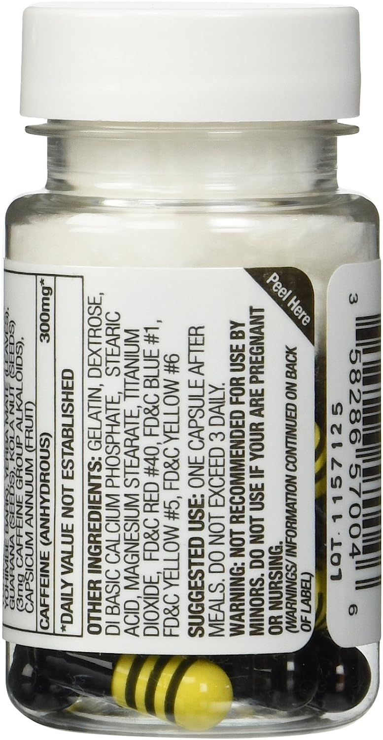 Yellow Hornet bottle and 120 capsules on a white surface