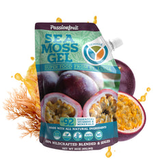 Front view of Yemayá Organic Sea Moss Gel Passionfruit flavor bottle, 16 oz