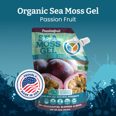 Side view of Yemayá Organic Sea Moss Gel Passionfruit bottle