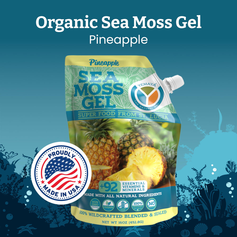 Back label of Yemaya Sea Moss Gel 16oz pineapple flavor