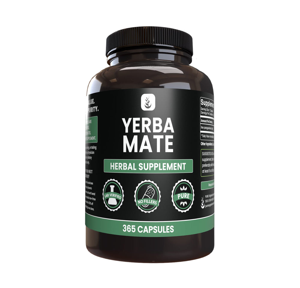 Bottle of Yerba Mate capsules with Pure Original Ingredients branding