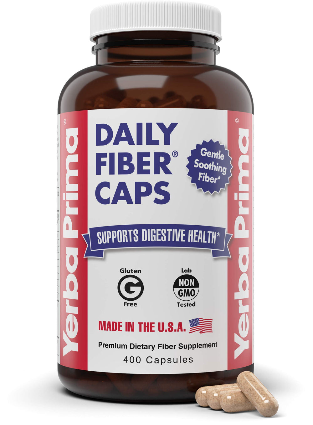 Front view of Yerba Prima Daily Fiber Caps bottle