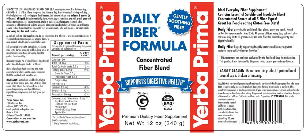 Back panel with ingredients for Yerba Prima Daily Fiber Formula 12 oz 3-pack
