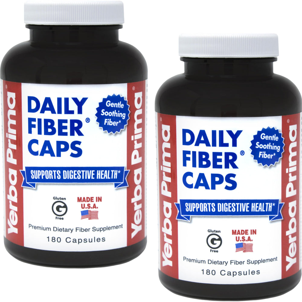 Front view of Yerba Prima Daily Fiber Formula 180-caps bottle in a 2-pack