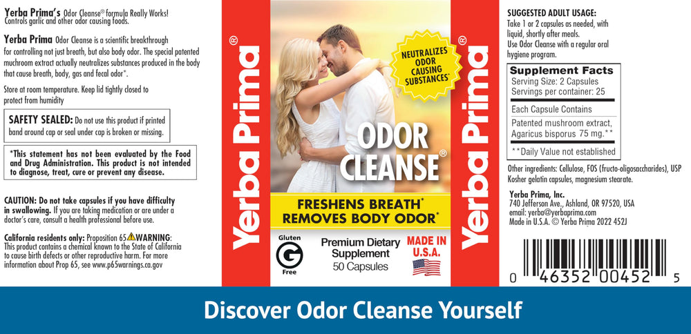 50 Odor Cleanse capsules arranged in bottle