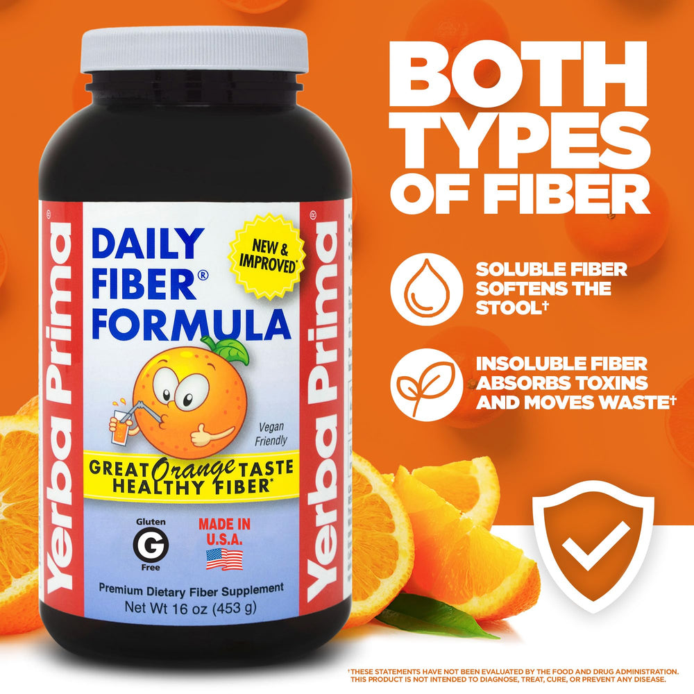 Close-up of Yerba Prima Orange Daily Fiber Formula 1lb packaging