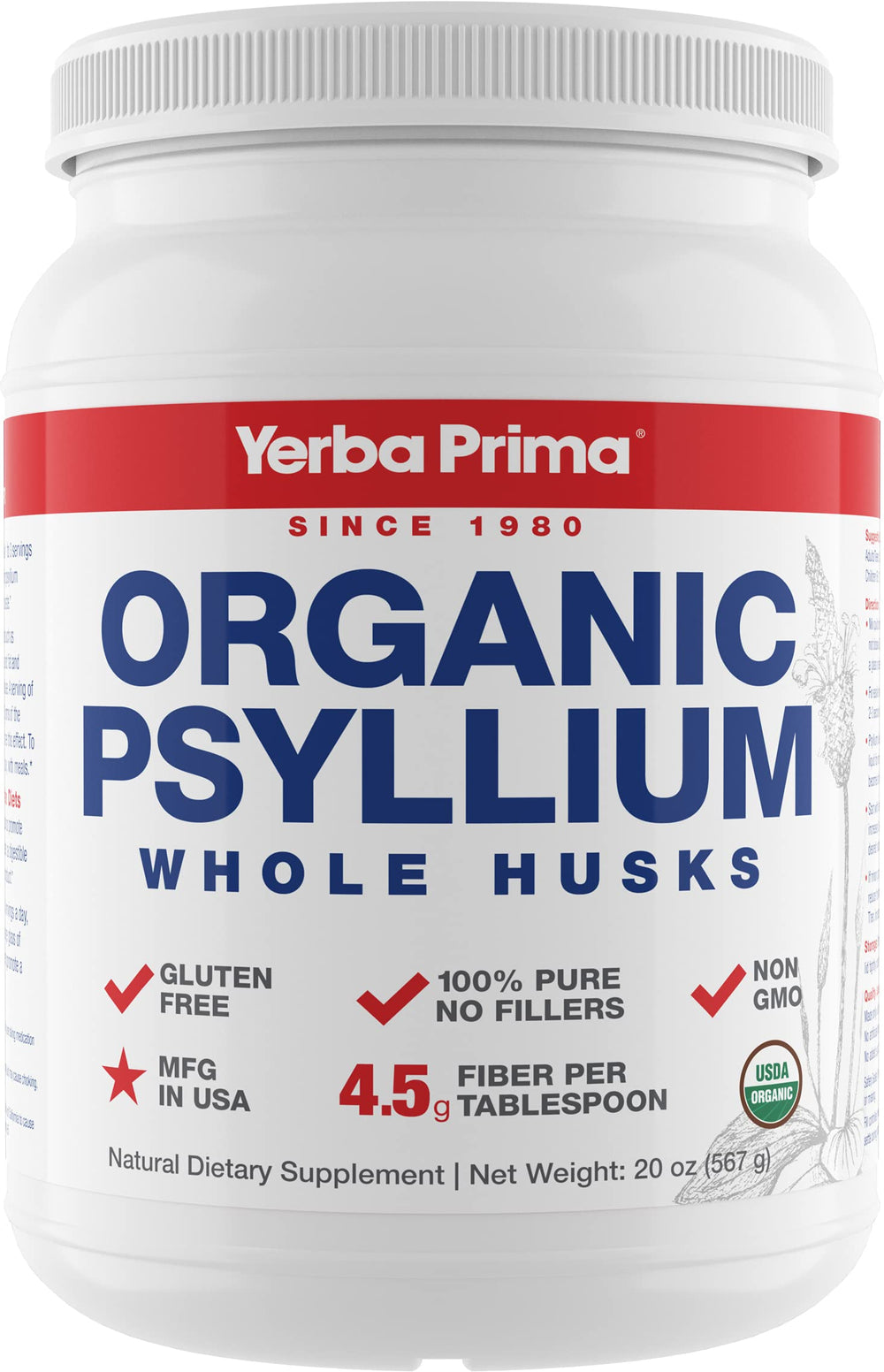 Front view of Yerba Prima Organic Psyllium Whole Husks 20 oz bottle