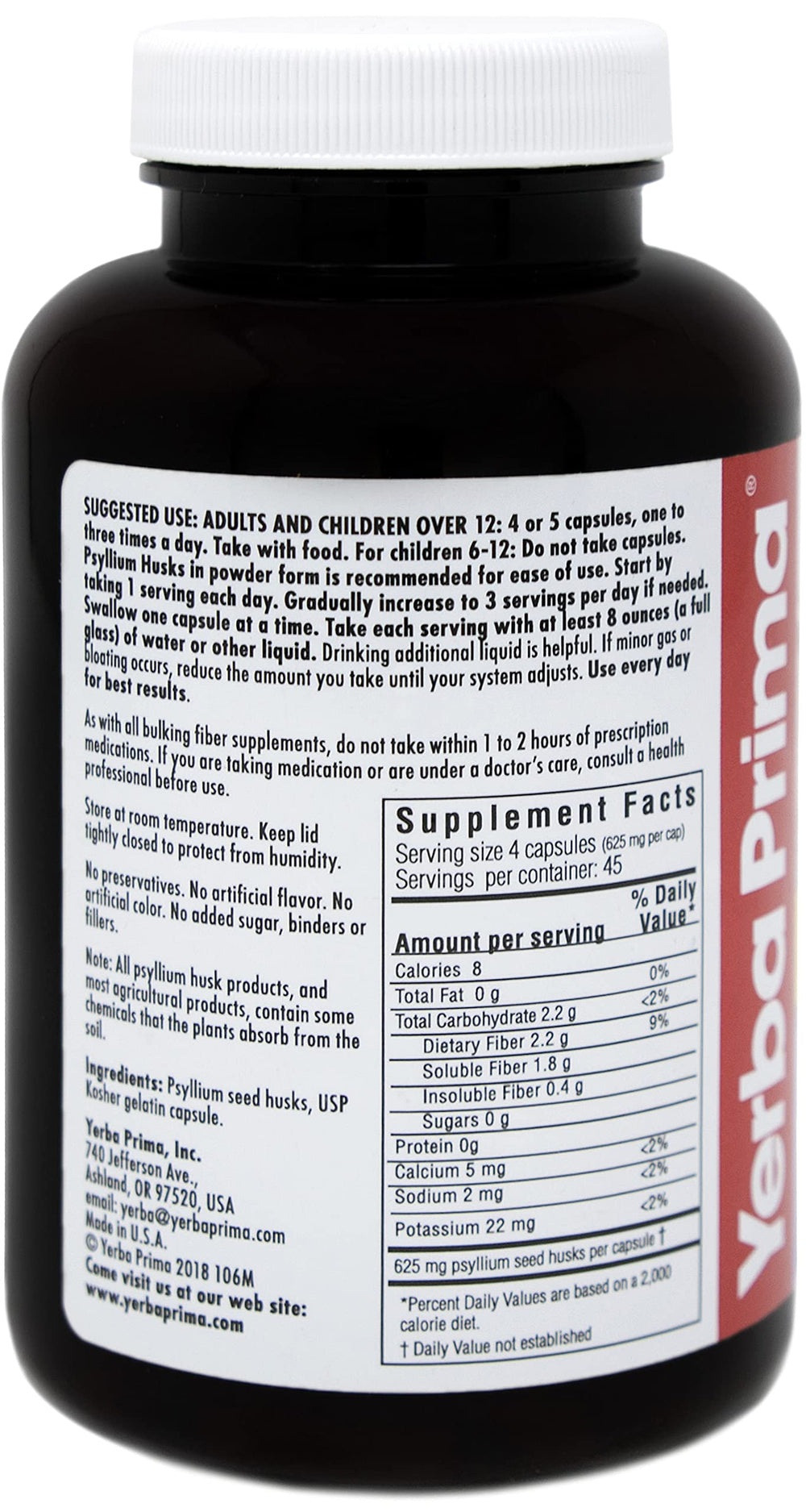 Close-up of Yerba Prima Psyllium Husks Capsules (180-count)