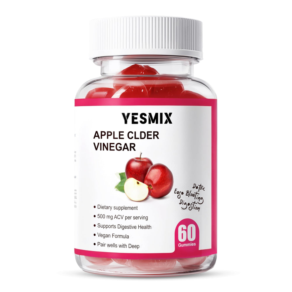 YESMIX ingredient flatlay with apple and vinegar visuals emphasizing natural components