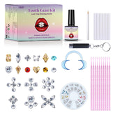 YFKEJI DIY Tooth Gem Kit contents laid out: 120 crystals and tools
