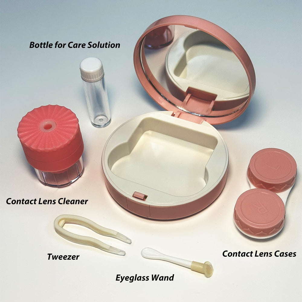 Open pink travel contact lens case showing mirror and solution bottle