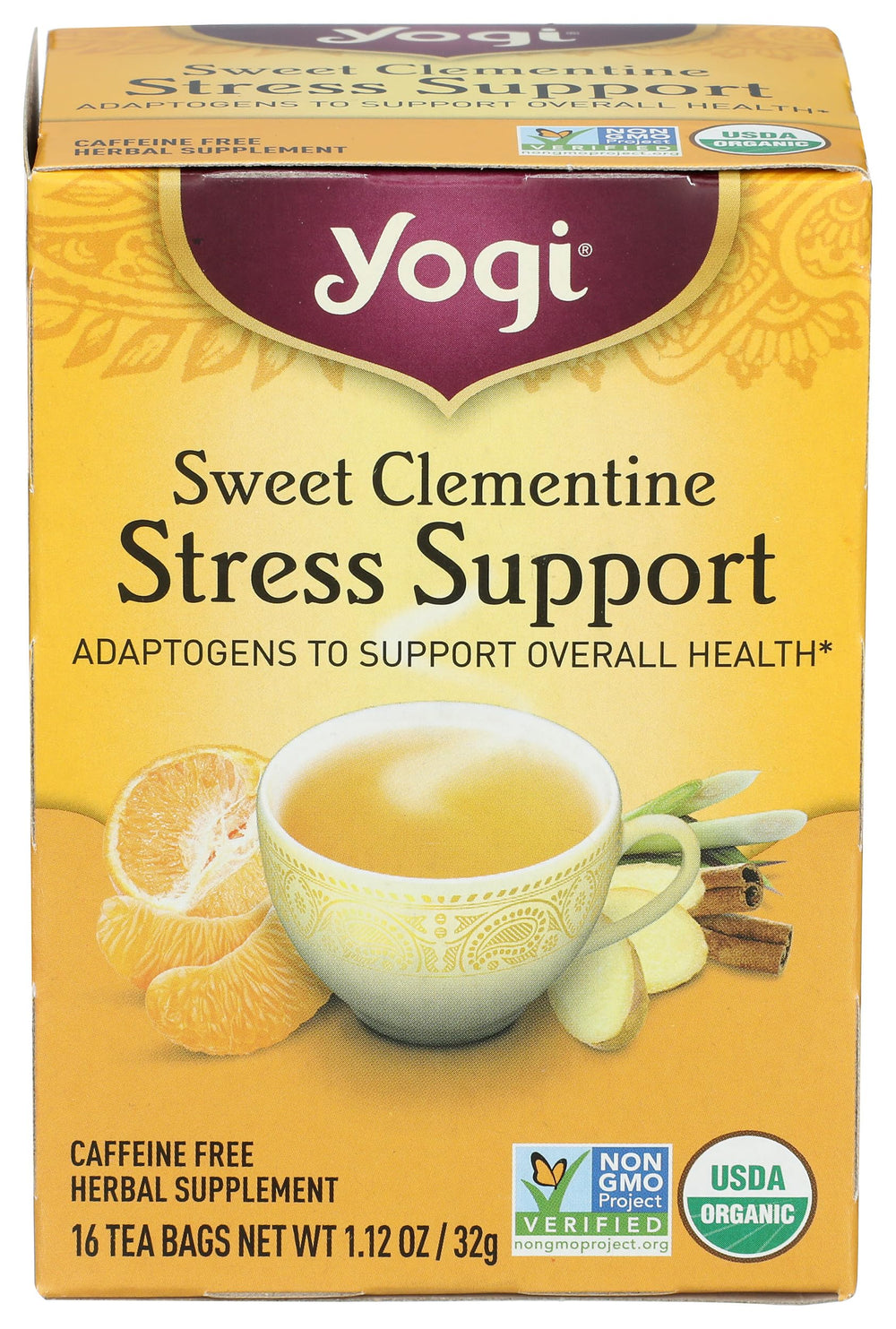 Front of Yogi Tea Organic Sweet Clementine Stress Support Supplement box