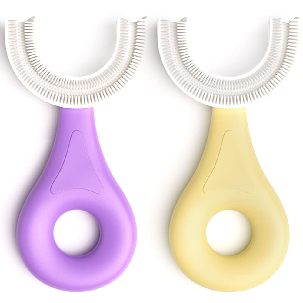 YOTEE U-Shaped Kids Toothbrush 2 Pack – Purple and Yellow (Hero Image)