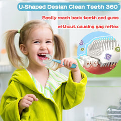 Back view of YOTEE U-Shaped Kids Toothbrush blue and pink