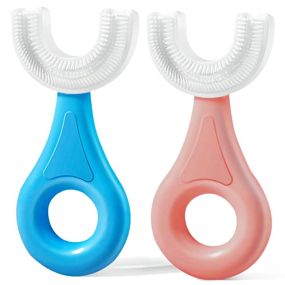 Front view of YOTEE U-Shaped Kids Toothbrush in blue and pink