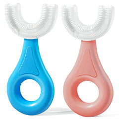 Front view of YOTEE U-Shaped Kids Toothbrush in blue and pink
