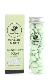 YouClean 90 toothpaste tablets inside a refillable glass tube for travel