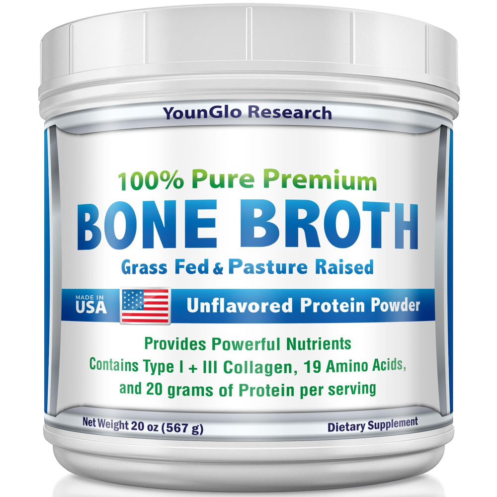 YounGlo Research bone broth protein powder container highlighting high protein per serving for joints.