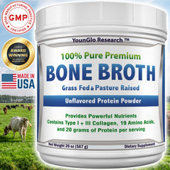 YounGlo Research bone broth protein powder scoop measures 20g protein for meals.
