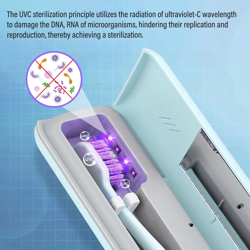 Open blue UVC toothbrush case showing interior sanitizer