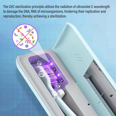 Open blue UVC toothbrush case showing interior sanitizer