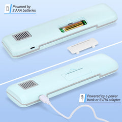 In-pack contents: toothbrush sanitizer case, USB-C cord, instructions, AA batteries