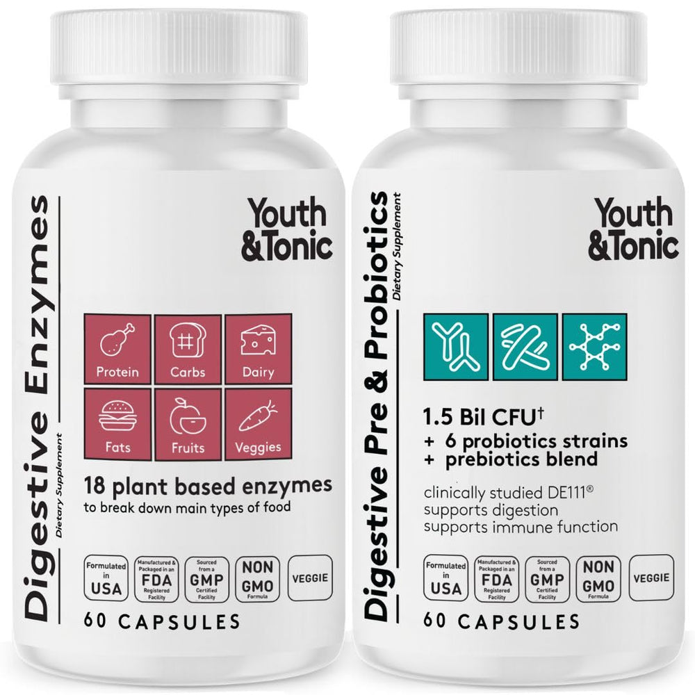 Hero image of Youth & Tonic Digestive Supplement bottle with 120 pills