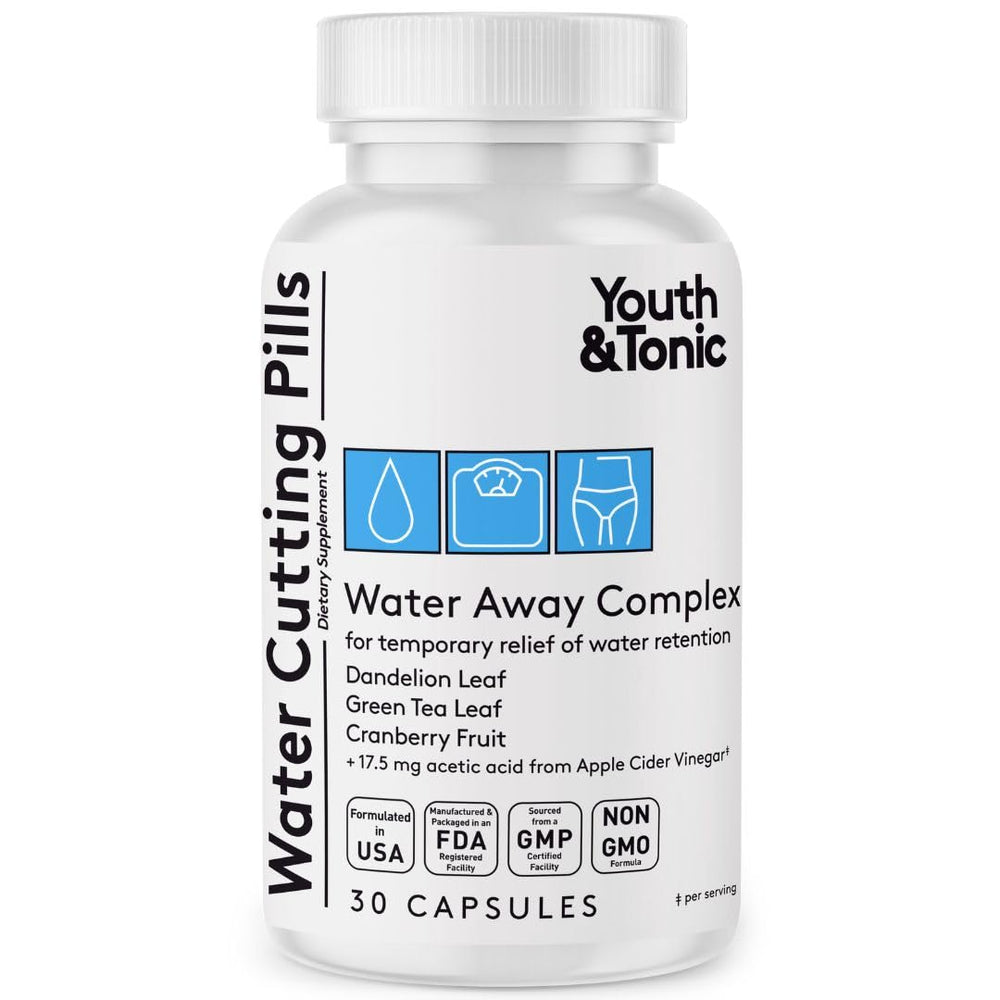 Bottle of Youth & Tonic Water Cutting Pills diuretic capsules on a clean surface
