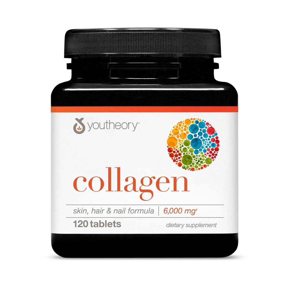 Youtheory Advanced Collagen bottle pouring for joint support and healthy aging.