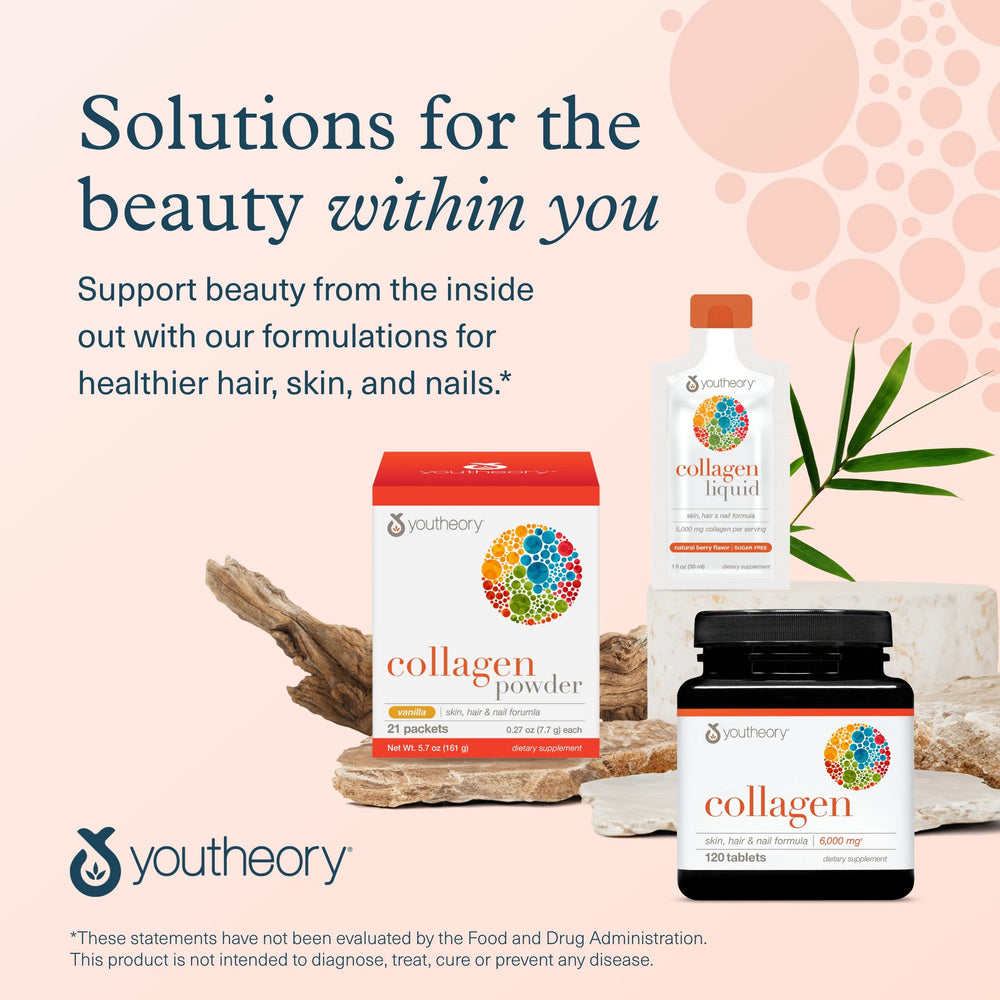Youtheory Advanced Collagen bottle with glass of water for easy intake.