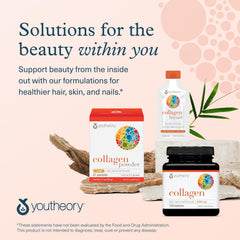 Youtheory Advanced Collagen bottle with glass of water for easy intake.