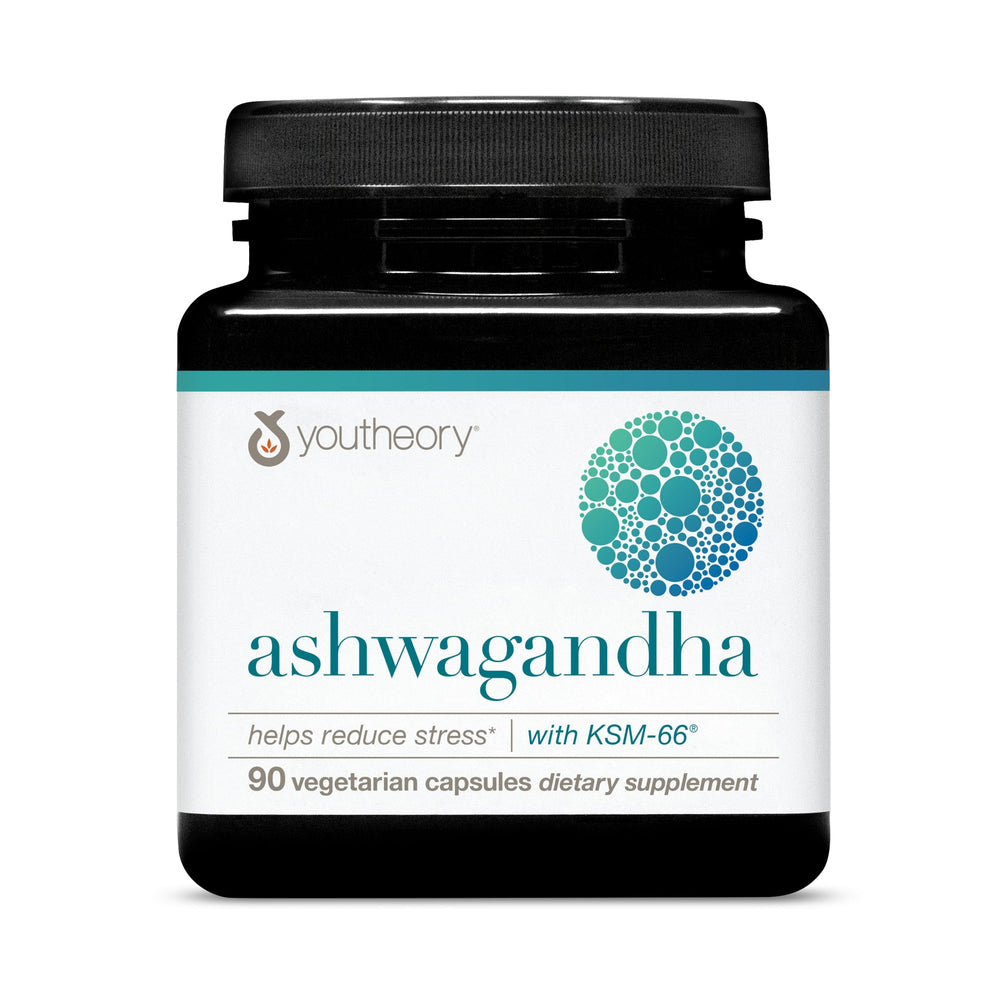 Youtheory Ashwagandha bottle close-up highlighting organic KSM-66 for daily stress support.