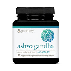 Youtheory Ashwagandha bottle close-up highlighting organic KSM-66 for daily stress support.