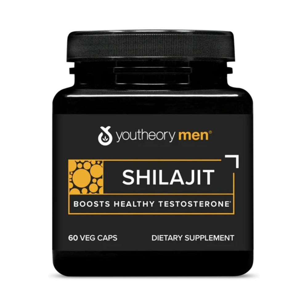 Bottle of Youtheory Shilajit 250 mg capsules on white background