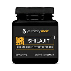 Bottle of Youtheory Shilajit 250 mg capsules on white background