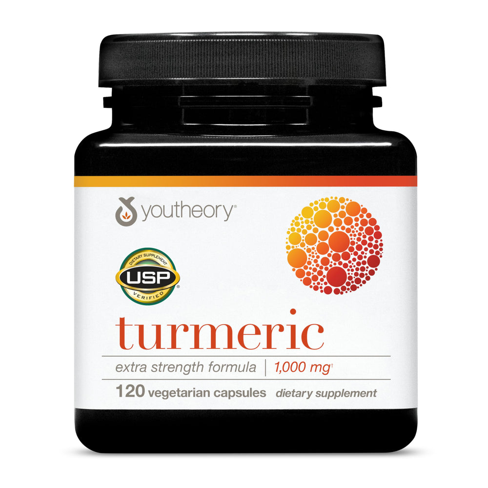 Front view of Youtheory Turmeric Extra Strength bottle with 120 vegetarian capsules