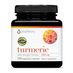 Front view of Youtheory Turmeric Extra Strength bottle with 120 vegetarian capsules