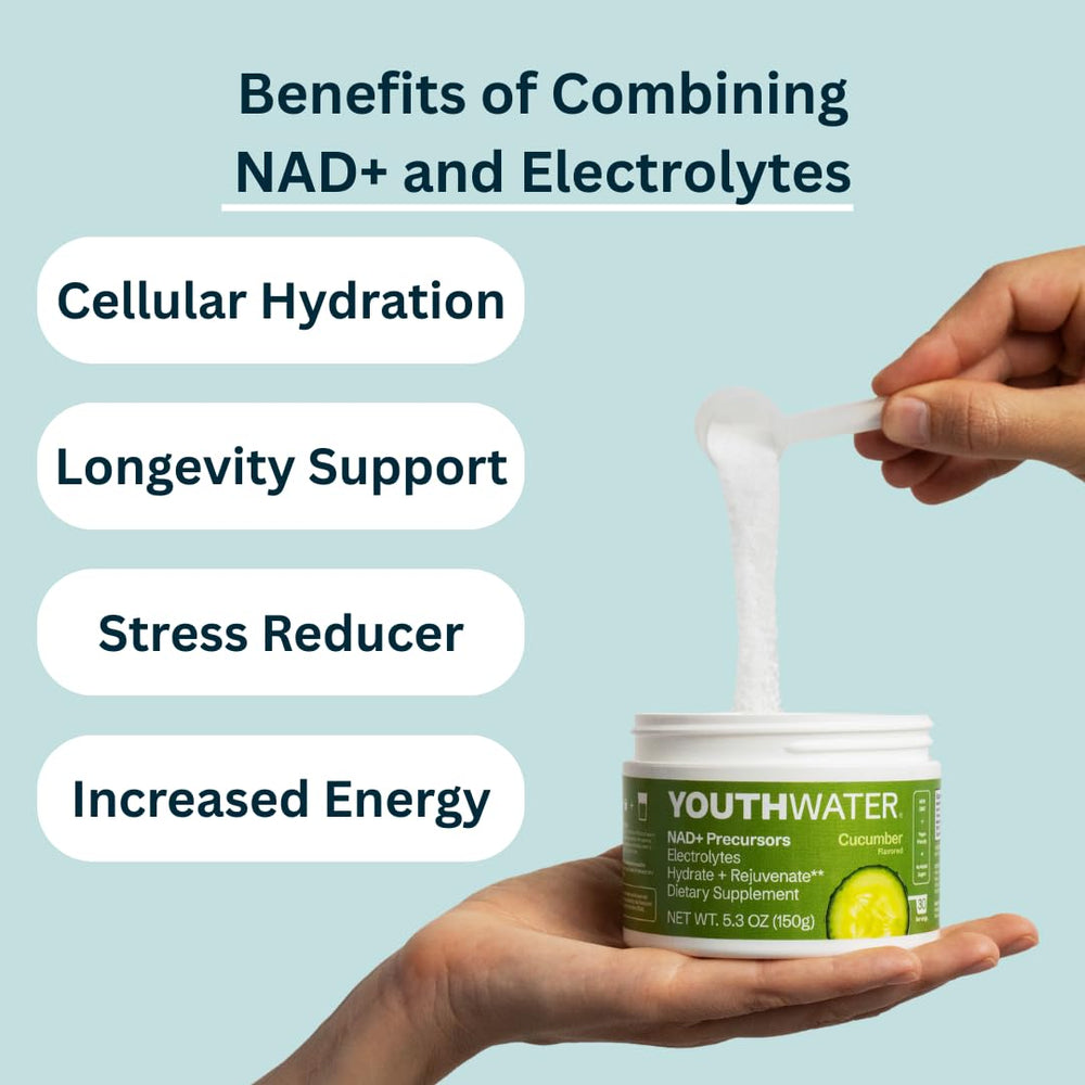 30-serving YouthWater NAD+ Electrolyte Powder box for convenient daily use