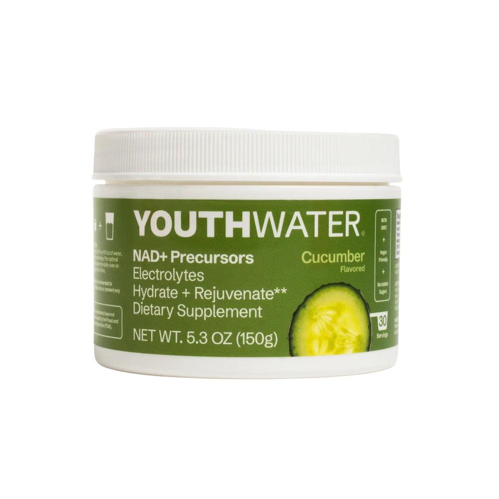 YouthWater NAD+ Electrolyte Powder cucumber container highlights hydration-ready design