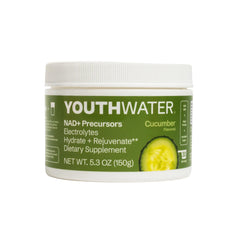 YouthWater NAD+ Electrolyte Powder cucumber container highlights hydration-ready design