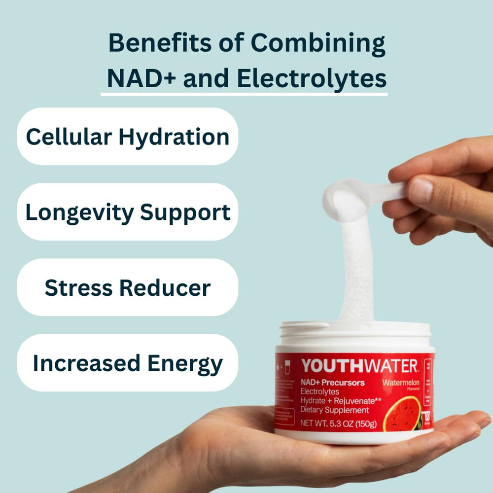 YOUTHWATER NAD+ electrolyte powder no-added-sugar label signaling healthy hydration