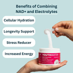 YOUTHWATER NAD+ vitamins and D-ribose close-up for energy support.
