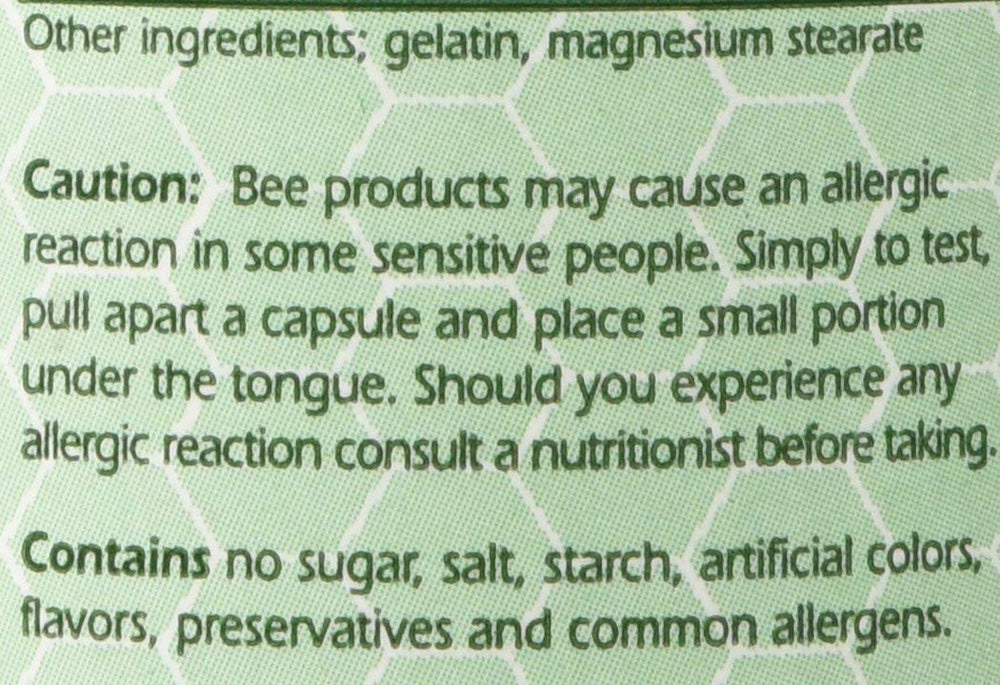 Label and ingredients for YS Organics Bee Pollen capsules